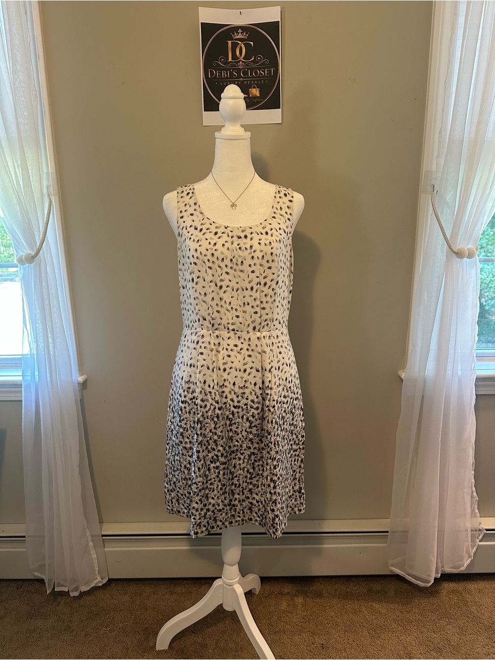 LOFT Cream and Black Sleeveless Printed A-Line Dress